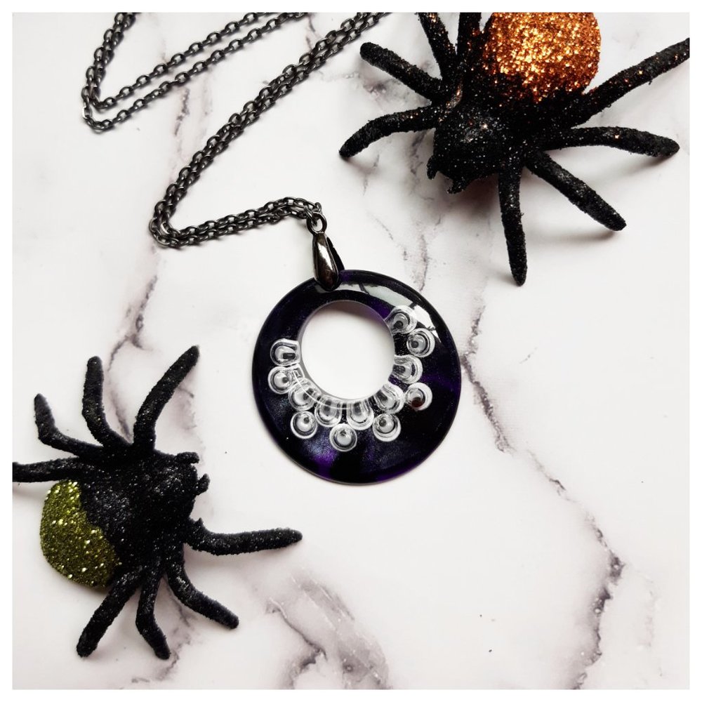 Googly Eye Pendant Necklace Purple and Black Halloween Large Open Circle